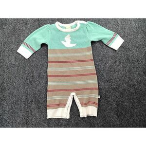Babystyle Baby Knit Sweater Romper Mint Taupe Striped Bird Puff Sleeve 0-3M